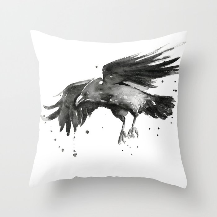 Raven Watercolor Throw Pillow