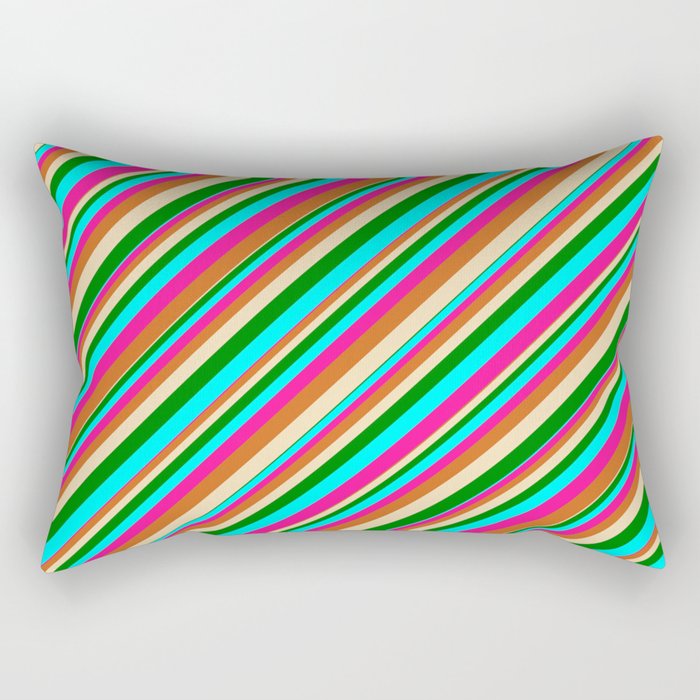 Eye-catching Tan, Green, Cyan, Deep Pink, and Chocolate Colored Pattern of Stripes Rectangular Pillow