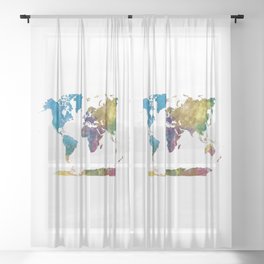 multicolored watercolor world map Sheer Curtain