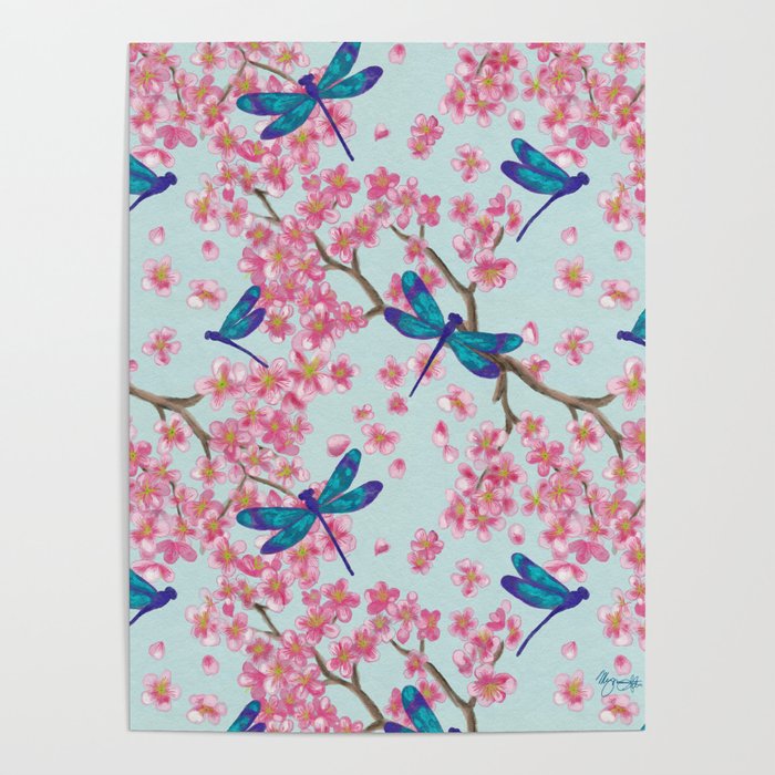 Dragonflies and Cherry Blossoms Poster