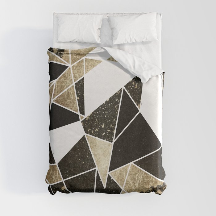 Modern Rustic Black White and Faux Gold Geometric Duvet Cover