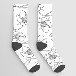 Strawberry flowers in seamless background. Black and white drawing. Socks