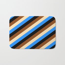 [ Thumbnail: Blue, Black, Brown, and Beige Colored Lines Pattern Bath Mat ]