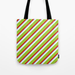 [ Thumbnail: Colorful Red, Light Sky Blue, White, Green, and Dark Green Colored Stripes Pattern Tote Bag ]