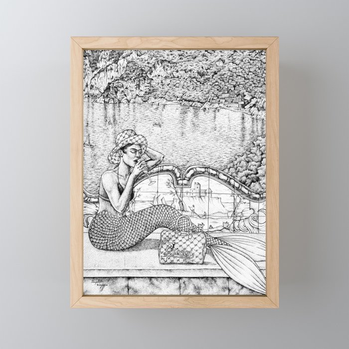Mermaid in Italy Stippling Ink Drawing Framed Mini Art Print