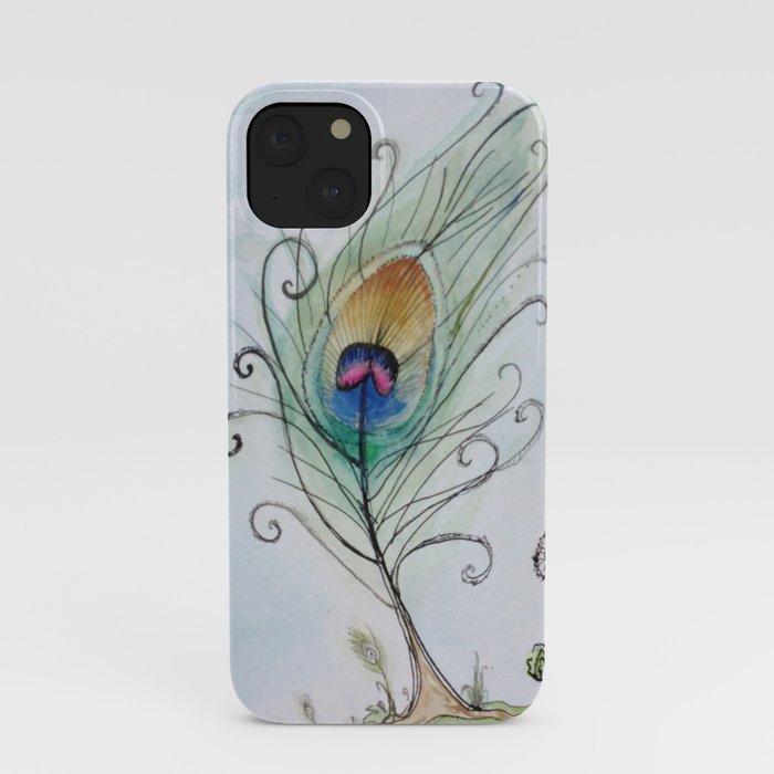 Blue Dream Tree Peacock Feather Watercolor Painting  iPhone Case