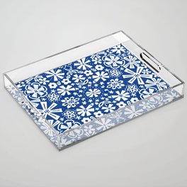 Navy Blue Folk Art Flowers Retro Modern Pattern Acrylic Tray