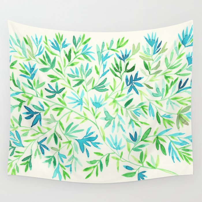 Green and Blue Leafs Design - Watercolor Wall Tapestry