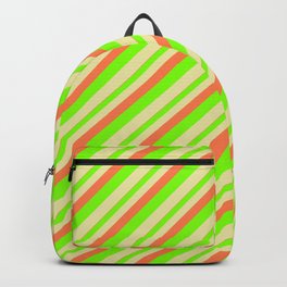 [ Thumbnail: Coral, Chartreuse, and Pale Goldenrod Colored Lined/Striped Pattern Backpack ]