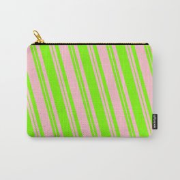 [ Thumbnail: Pink & Green Colored Lined/Striped Pattern Carry-All Pouch ]