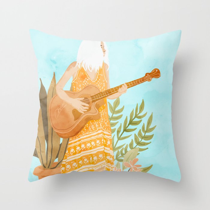 Music Soothes My Soul | Urban Hippie Bohemian Woman Playing the Guitar | Plant Lady Painting Throw Pillow