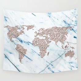 Rosegold Stars on Blue Marble World Map Wall Tapestry