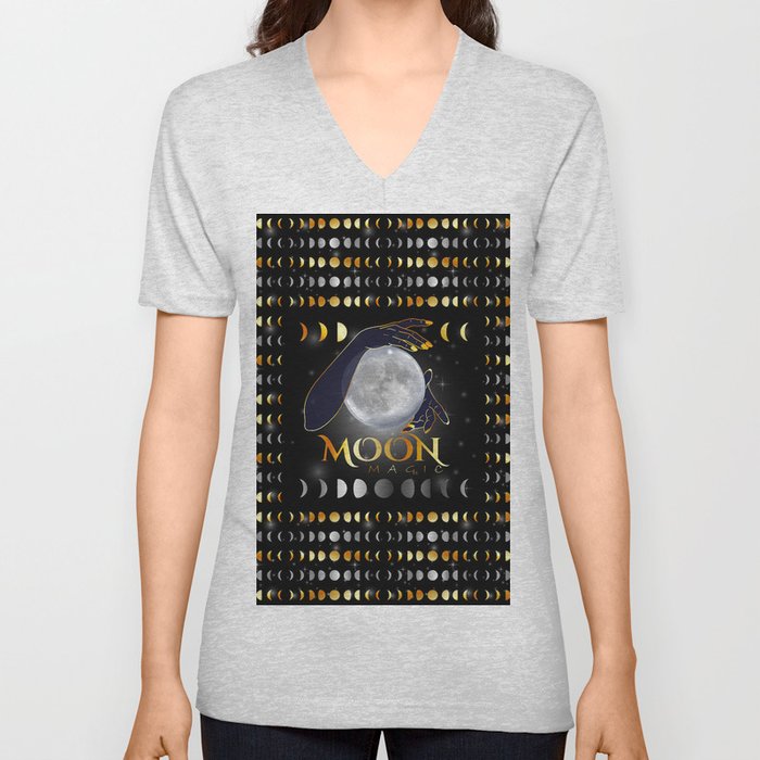Moon phases mystical womans hands on full moon V Neck T Shirt