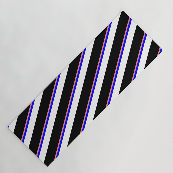 Light Coral, Blue, White & Black Colored Striped Pattern Yoga Mat