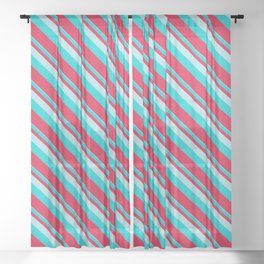 [ Thumbnail: Powder Blue, Dark Turquoise, and Crimson Colored Lined Pattern Sheer Curtain ]