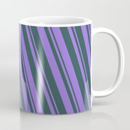 [ Thumbnail: Purple and Dark Slate Gray Colored Lined/Striped Pattern Coffee Mug ]