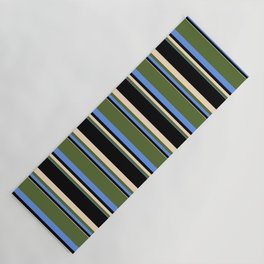 [ Thumbnail: Cornflower Blue, Dark Olive Green, Bisque, and Black Colored Striped Pattern Yoga Mat ]