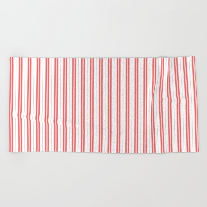 Apple Red and White Narrow Vintage Provincial French Chateau Ticking Stripe Beach Towel