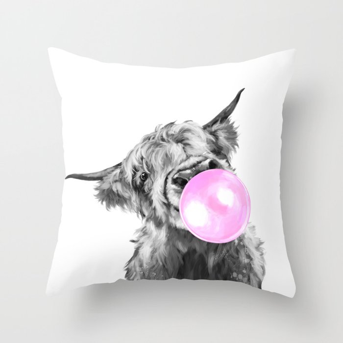 Bubble Gum Highland Cow Black and White Throw Pillow