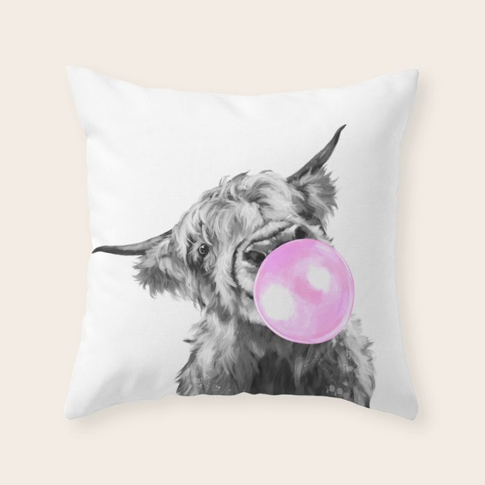 Bubble Gum Highland Cow Black And White Throw Pillow By