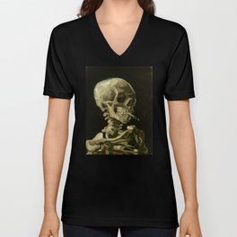 Vincent van Gogh - Skull of a Skeleton with Burning Cigarette Unisex V-Ausschnitt | Funny, Gogh, Vincent, Skeleton, Jaw, Cigarette, Vangogh, Van, Halloween, Teeth 