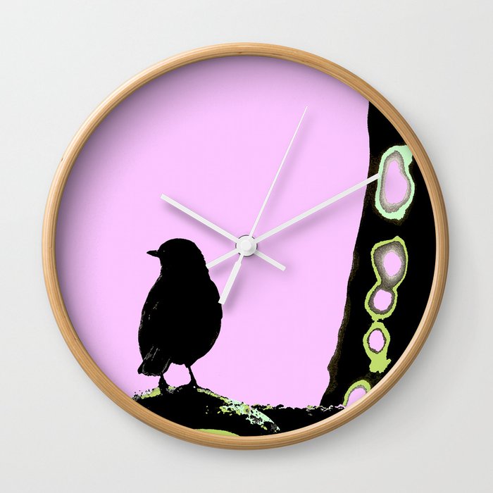 Spring mood - singing bird - black bird on a pink background #decor #society6 #buyart Wall Clock