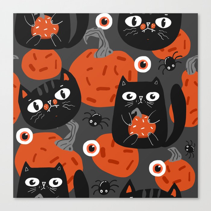 Halloween Seamless Pattern with Cute Pumpkins and Black Cats 02 Canvas Print