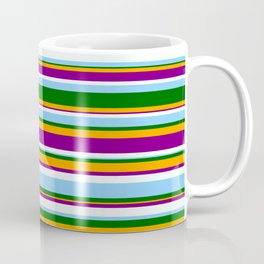 [ Thumbnail: Eyecatching Orange, Purple, Mint Cream, Light Sky Blue & Dark Green Colored Stripes/Lines Pattern Coffee Mug ]