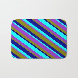 [ Thumbnail: Aqua, Dark Orchid, Green, and Dark Blue Colored Stripes/Lines Pattern Bath Mat ]