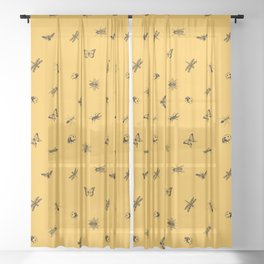 Butterflies, bees, insects pattern,yellow background  Sheer Curtain