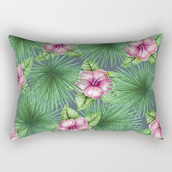 Jungle Love, Palm Leaves And Hibiscus Rectangular Pillow