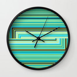  SOFT BLUE AND YELLOW PARALLEL STRIPES TURN IN RIGHT ANGLE, WITH TWO BLACK RIGHT ANGLE TRIANGLES Wall Clock