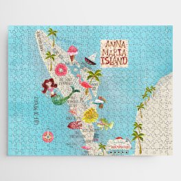 Anna Maria Island Map Jigsaw Puzzle | Donut, Cottage, Sailing, Mermaid, Illustratedmap, Painting, Palm, Beach, Watercolor, Fish 
