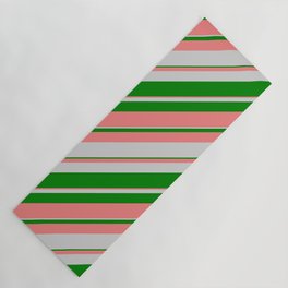 [ Thumbnail: Light Grey, Green & Light Coral Colored Lines/Stripes Pattern Yoga Mat ]