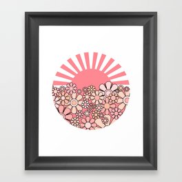 Retro Sunshine Garden Vintage Sun & Flowers Pastel Pink Circle Framed Art Print