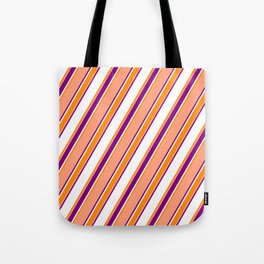 [ Thumbnail: Light Salmon, Purple, White, and Dark Orange Colored Stripes Pattern Tote Bag ]