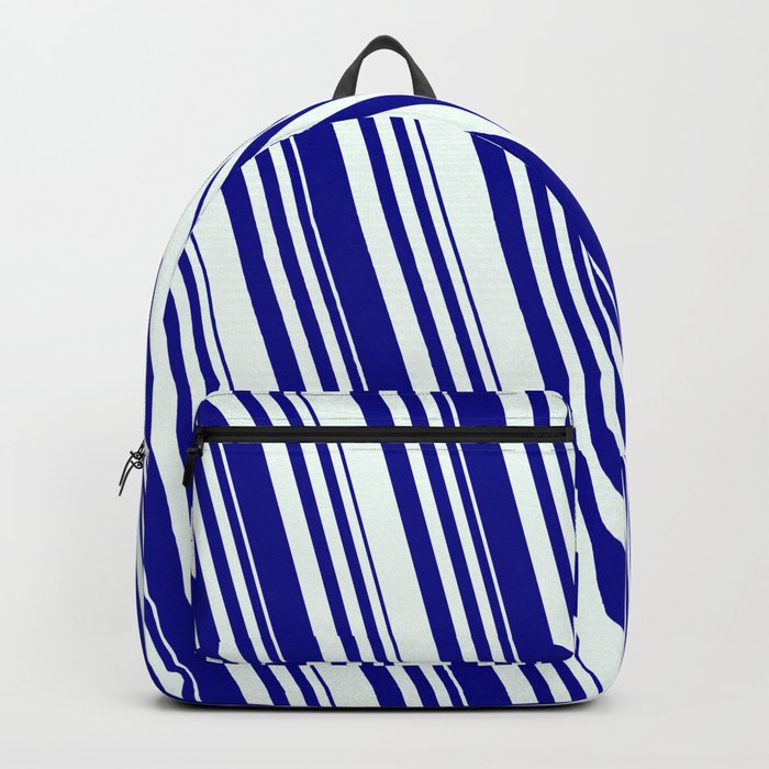 Dark Blue and Mint Cream Colored Striped Pattern Backpack