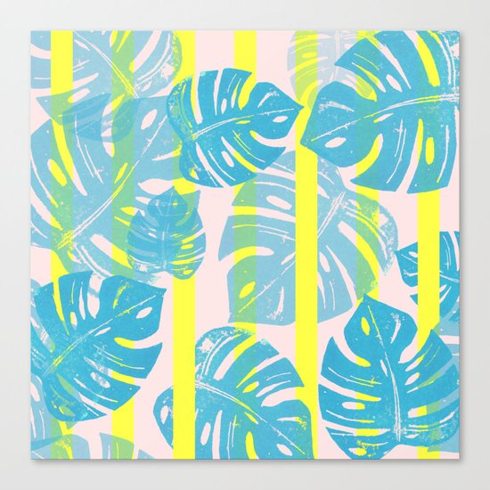 Linocut Monstera Neon Canvas Print