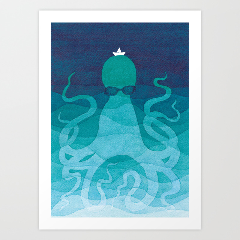 Octopus Sea Creature Animals Ocean Watercolor Teal Blue Art Print