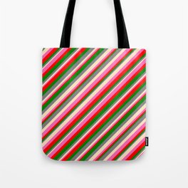 [ Thumbnail: Eye-catching Gray, Bisque, Hot Pink, Red & Green Colored Lines/Stripes Pattern Tote Bag ]