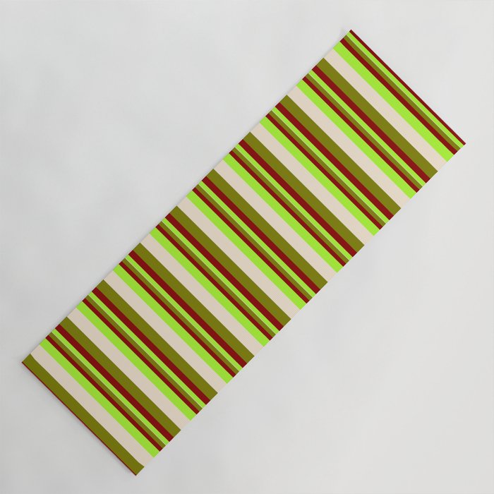 Light Green, Dark Red, Green, and Beige Colored Lines Pattern Yoga Mat