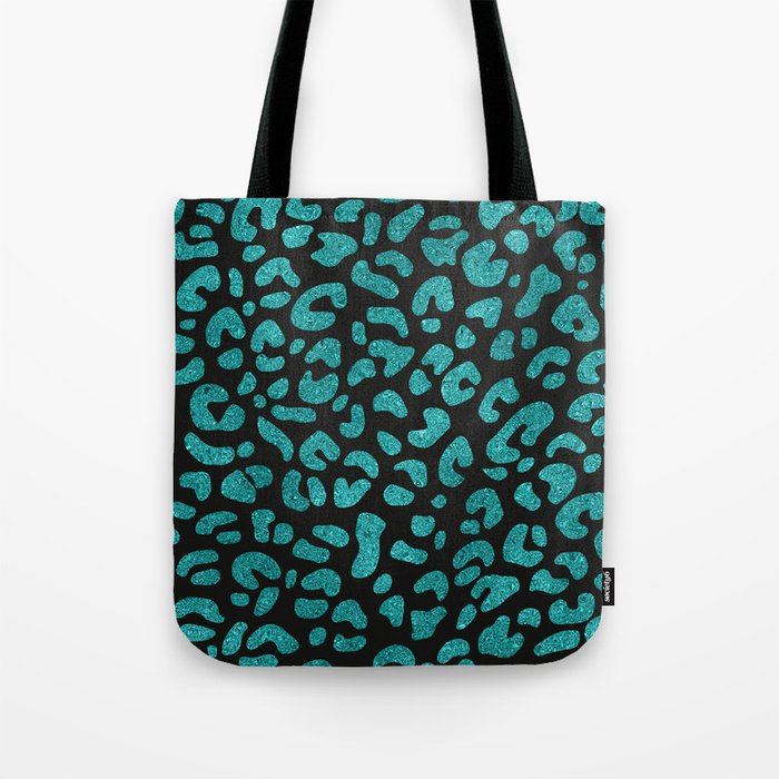 Turquoise Glitter Leopard Print Pattern Tote Bag