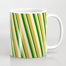 [ Thumbnail: Dark Green, Beige, and Goldenrod Colored Stripes/Lines Pattern Coffee Mug ]