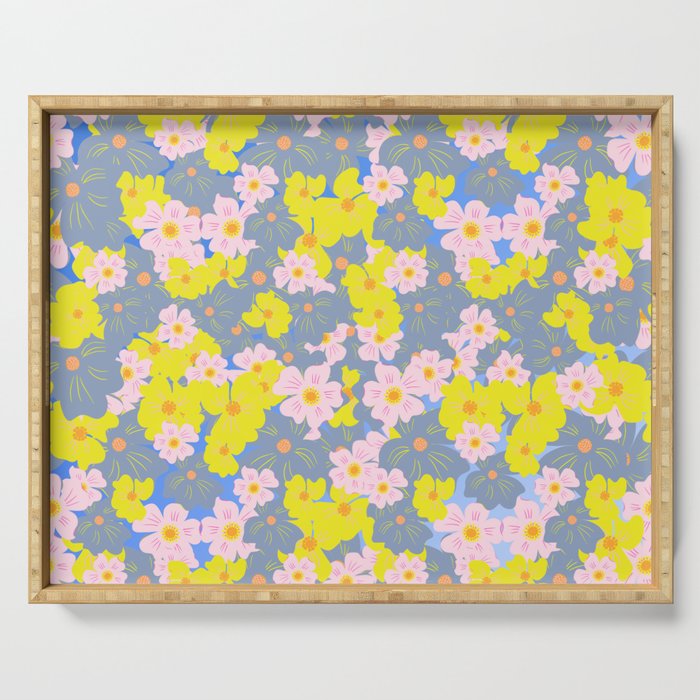 Pastel Spring Flowers Ombre Blue Serving Tray