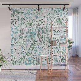 Teal Flowers and Plants Wall Mural
