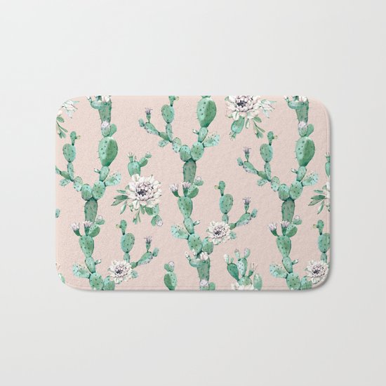 Green Coral Pink Cactus Rose Pattern Bath Mat