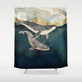 Set of 12 Blue Space Fairy Tale with Huge Whale Shower Curtain