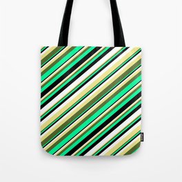 [ Thumbnail: Eyecatching Tan, Dark Olive Green, Green, Black, and White Colored Lines/Stripes Pattern Tote Bag ]