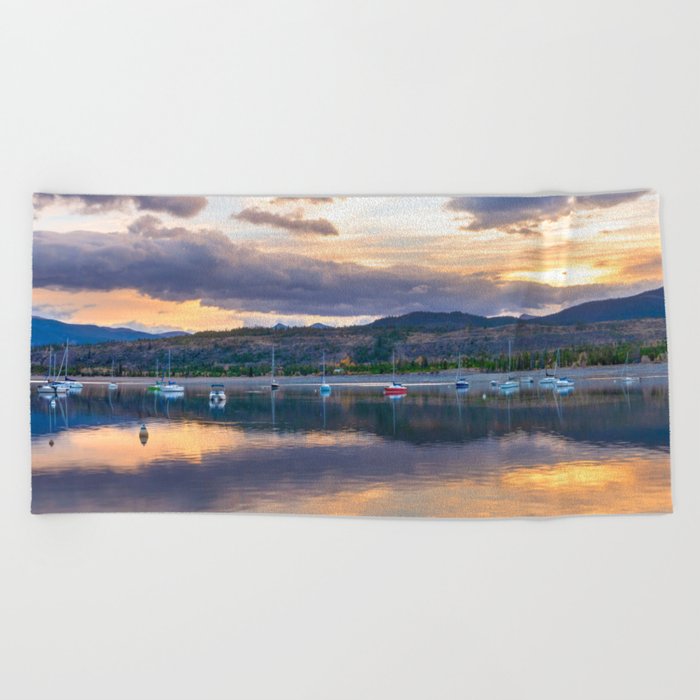 Calm Waters Lake And Boats At Sunset Beautiful Landscape Photograph Scenic Mountain View Beach Towel By Byrdonwheels