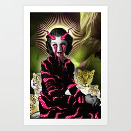 Empress Of Wild Cats Art Print | Pink, Leopard, Halo, Crown, Psychedelic, Actress, Collage, Woman, Surreal, People 